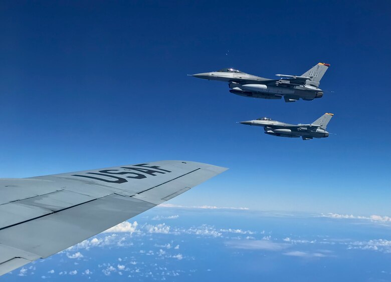 The 14th Fighter Squadron conducts refueling operations over the Pacific Ocean.