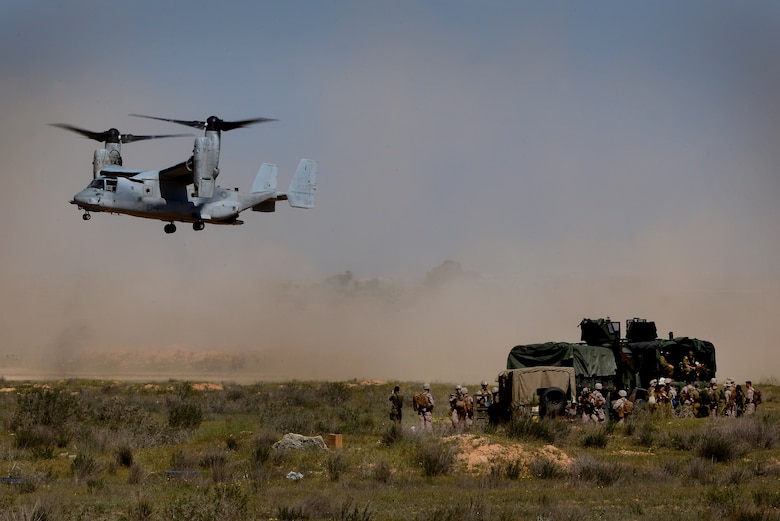 U.S. Marines from the 26th Marine Expeditionary Unit arrive at an exercise site in Israel to conduct urban combat training with the Israeli Defense Force in support of Juniper Cobra March 12, 2018. Juniper Cobra 18 is a ballistic missile defense joint U.S.-Israel exercise that uses computer simulations to train forces and enhance interoperability. (U.S. Air Force photo by Tech. Sgt. Matthew Plew)