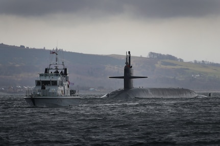 The U.S. Navy ballistic missile submarine USS Maryland (SSBN 738) arrives at Her Majesty’s Naval Base Clyde, Scotland (Faslane), March 16, 2018.  The port visit strengthens cooperation between the United States and the United Kingdom, and demonstrates U.S. capability, flexibility, and continuing commitment to its NATO allies.  The Maryland, homeported in Kings Bay, Ga., is an Ohio-class ballistic missile submarine.  It is an undetectable launch platform for intercontinental ballistic missiles, providing the United States with its most survivable leg of the nuclear triad.