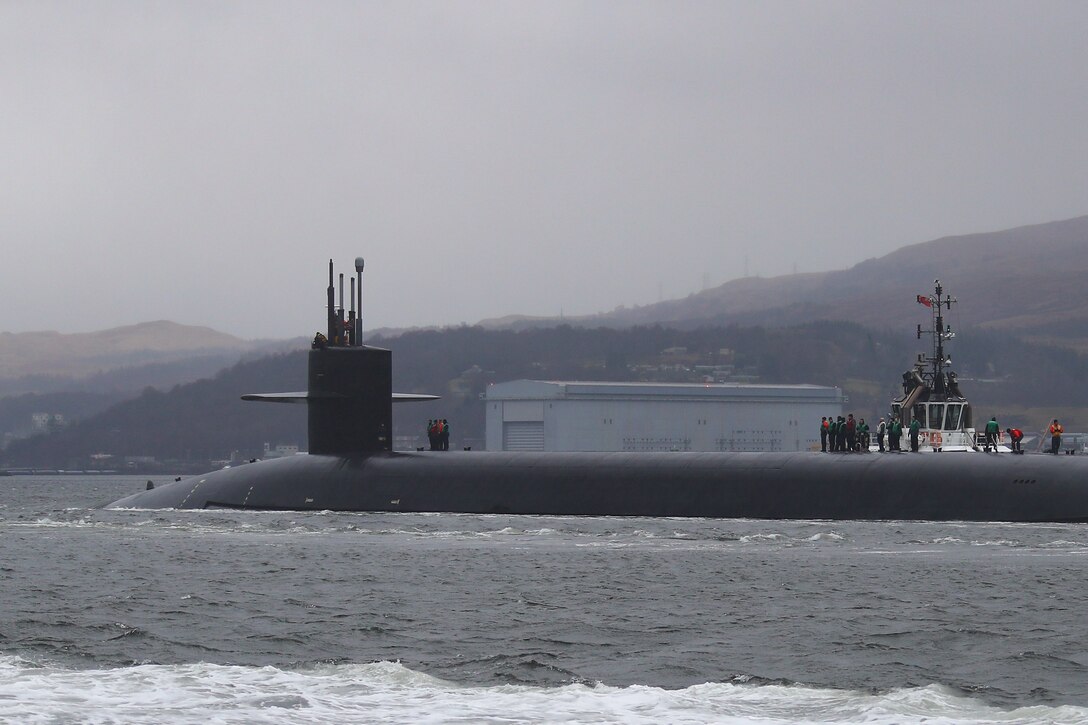 The U.S. Navy ballistic missile submarine USS Maryland (SSBN 738) arrives at Her Majesty’s Naval Base Clyde, Scotland (Faslane), March 16, 2018.  The port visit strengthens cooperation between the United States and the United Kingdom, and demonstrates U.S. capability, flexibility, and continuing commitment to its NATO allies.  The Maryland, homeported in Kings Bay, Ga., is an Ohio-class ballistic missile submarine.  It is an undetectable launch platform for intercontinental ballistic missiles, providing the United States with its most survivable leg of the nuclear triad.