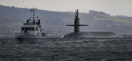 The U.S. Navy ballistic missile submarine USS Maryland (SSBN 738) arrives at Her Majesty’s Naval Base Clyde, Scotland (Faslane), March 16, 2018.  The port visit strengthens cooperation between the United States and the United Kingdom, and demonstrates U.S. capability, flexibility, and continuing commitment to its NATO allies.  The Maryland, homeported in Kings Bay, Ga., is an Ohio-class ballistic missile submarine.  It is an undetectable launch platform for intercontinental ballistic missiles, providing the United States with its most survivable leg of the nuclear triad.