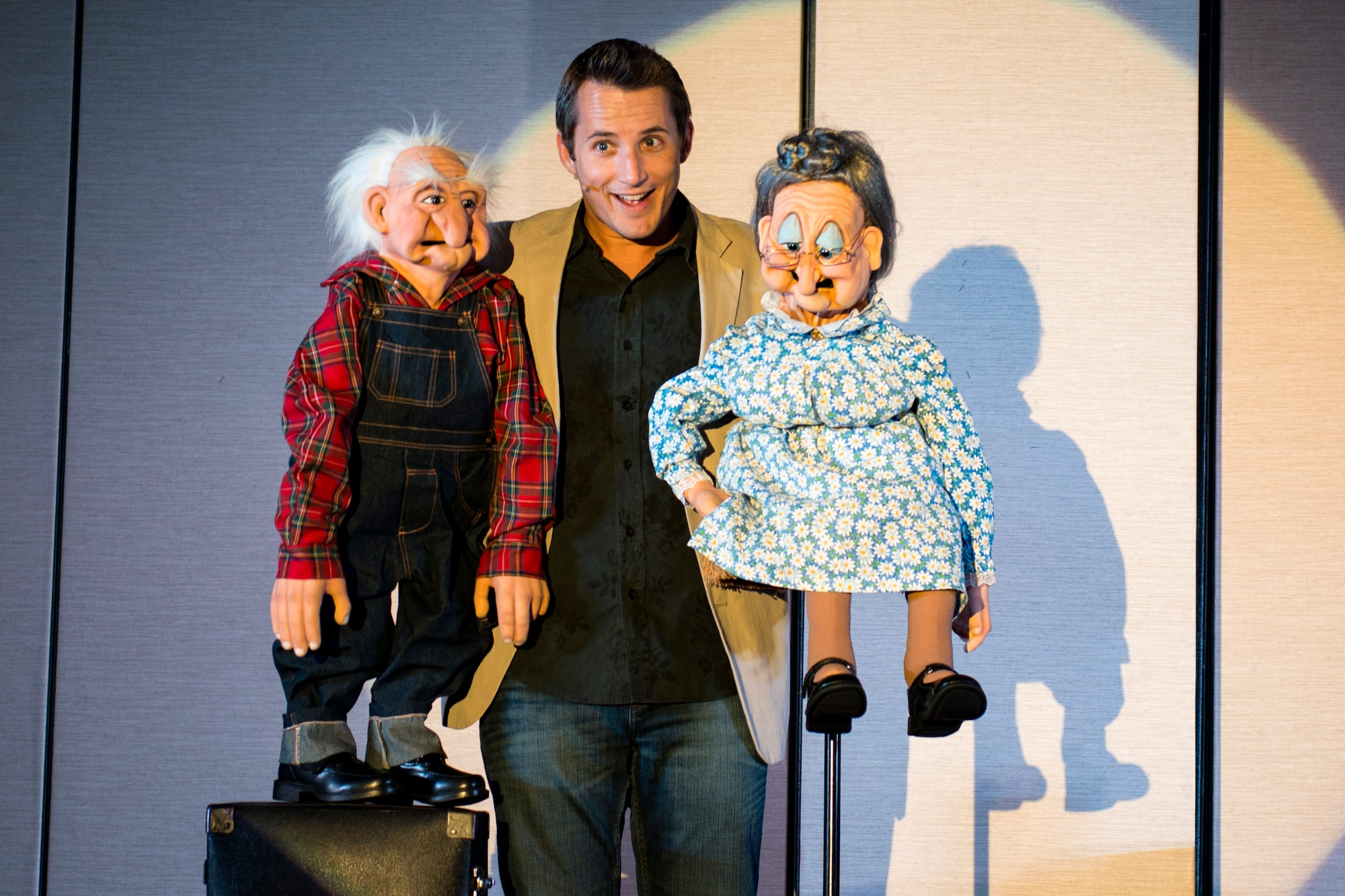 Ryan Bomgardner, ventriloquist, performs a skit with ‘Harold & Irene’ during his comedy show, March 15, 2018, at Moody Air Force Base, Ga. Air Force Entertainment provided this opportunity for Airmen to attend as a family to enjoy some time away from the mission. Bomgardner is a full-time ventriloquist and comedian who performs over 140 shows annually throughout North America. (U.S. Air Force photo by Airman 1st Class Erick Requadt)