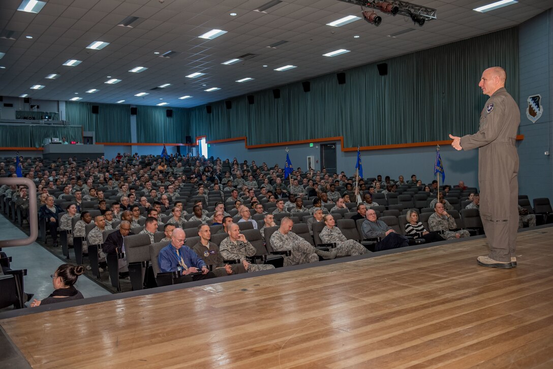 Brig. Gen. Carl Schaefer, 412th Test Wing commander, held his first commander’s calls of 2018 in the base theater March 13. Two sessions were held with one in the morning the other in the afternoon. (U.S. Air Force photo by Matt Williams)