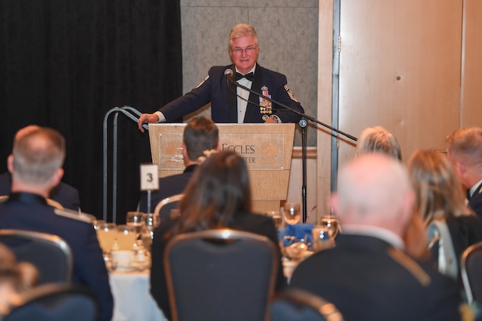 Retired Chief Master Sgt. Gerald Murray, the 14th Chief Master Sergeant of the Air Force, served as the guest speaker at the Hill Air Force Base Chief Master Sergeant Recognition Ceremony held March 10, 2018, at the Ogden Eccles Conference Center. (U.S. Air Force photo by Cynthia Griggs)