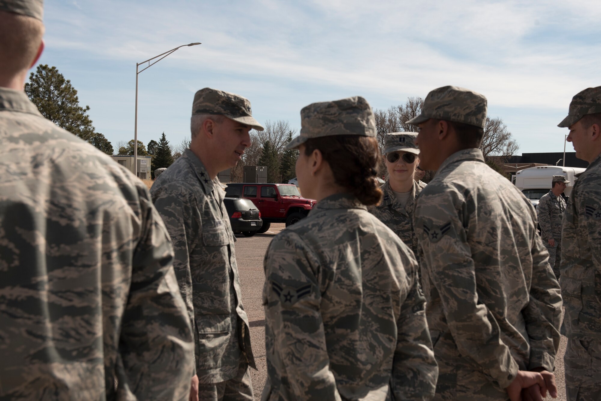 PETERSON AIR FORCE BASE, Colo. – Maj. Gen. Stephen Whiting, 14th Air Force commander, toured the 21st Logistics Readiness Squadron Peterson Air Force Base Colo., March 14, 2018. Whiting spoke with airmen lauding their contribution to Peterson AFB and the Air Force. (U.S. Air Force photo by Cameron Hunt)