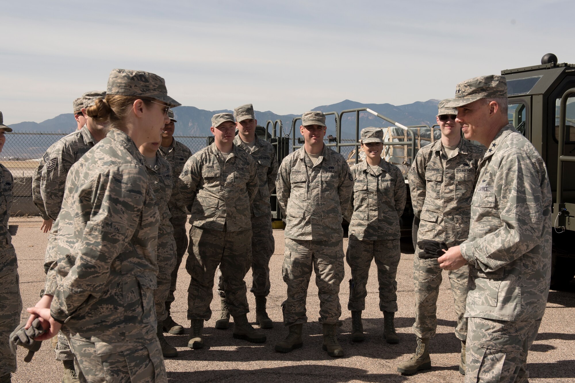 PETERSON AIR FORCE BASE, – Maj. Gen. Stephen Whiting, 14th Air Force commander, toured the 21st Logistics Readiness Squadron Peterson Air Force Base Colo., March 14, 2018. Whiting accompanied with Captain Paige Prieto 21 LRS. (U.S. Air Force photo by Cameron Hunt)
