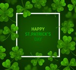 Saint Patrick's Day Banner with Green Four and Tree Leaf Clovers on Green Background.