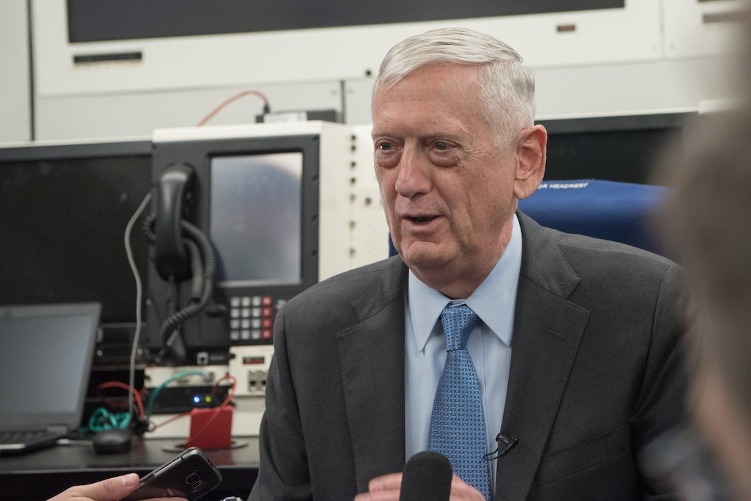 Defense Secretary James N. Mattis speaks to reporters.