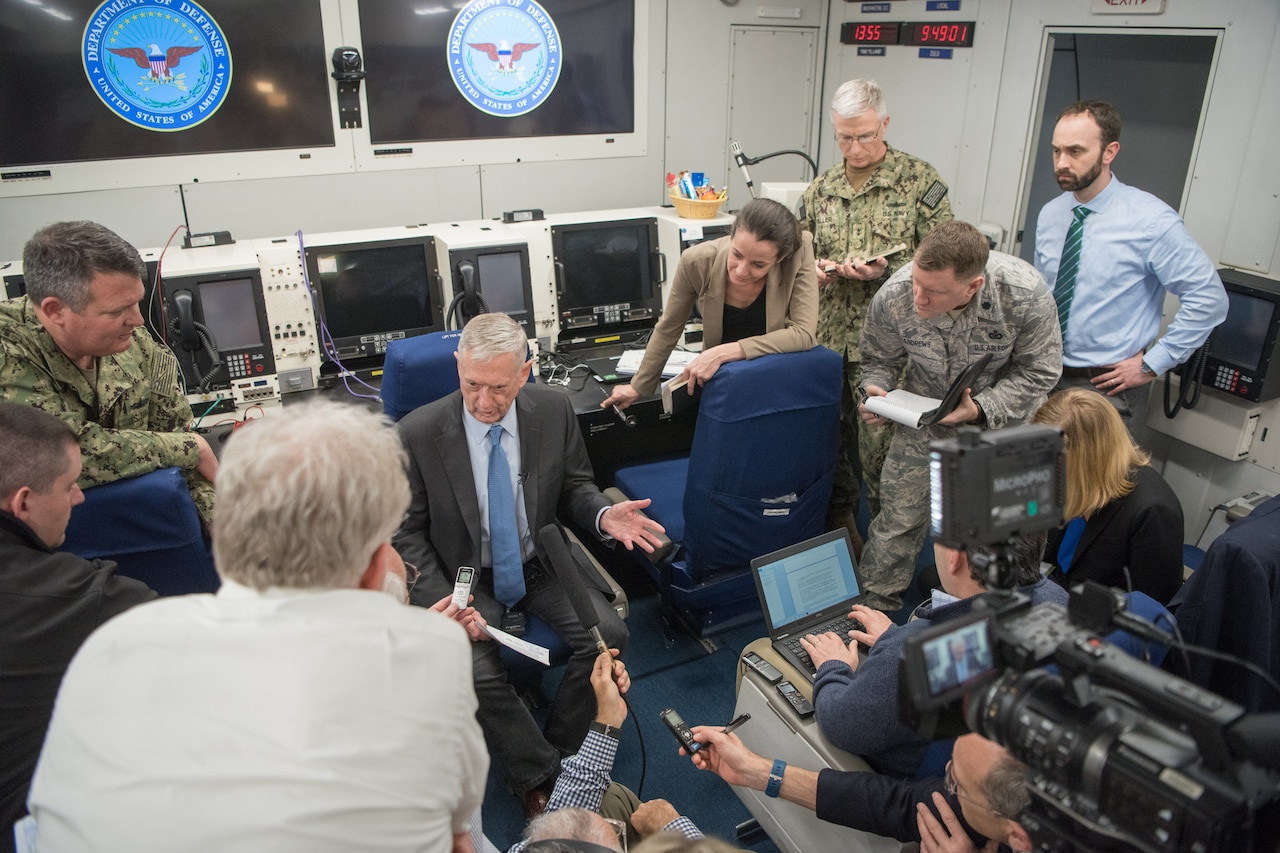 Defense Secretary James N. Mattis speaks to reporters.