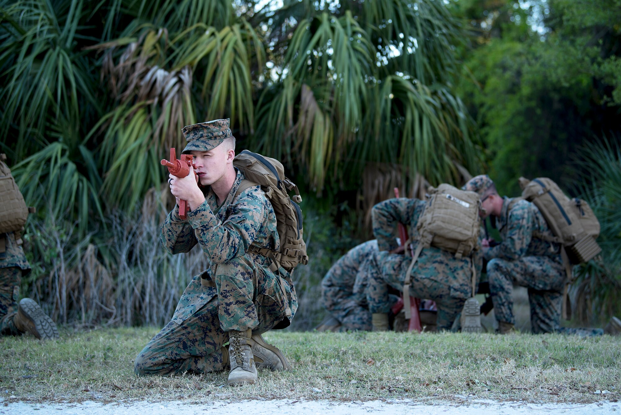 A U.S. Marine provides security during a U.S. Marine Corps Forces Central Command noncommissioned officers (NCO) field exercise at MacDill Air Force Base, Fla., March 14-15, 2018. The FieldEx provided Marine NCO’s the opportunity to hone their basic Marine Corps skills in a field environment, while building camaraderie.