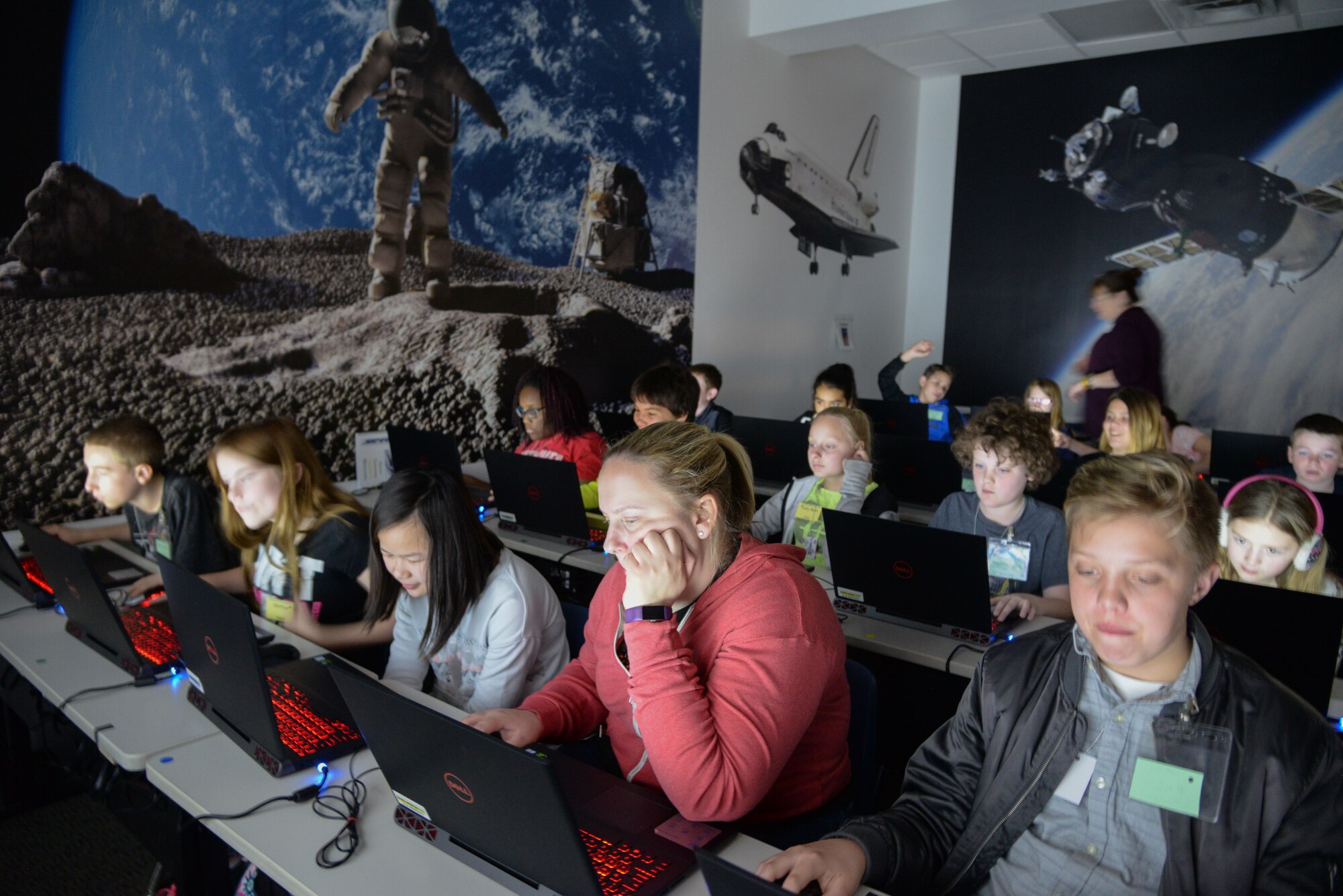 Sixth graders from King Elementary in Layton, Utah, learn computer-aided design during Starbase at Hill Air Force Base March 14, 2018. Starbase is a nationwide program that aims to introduce elementary school students to science, technology, engineering and math and is funded entirely by the Department of Defense.(U.S. Air Force photo by Cynthia Griggs)