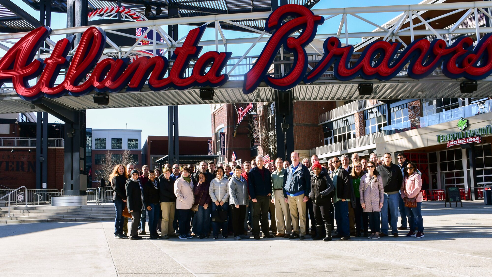 Twenty-Second Air Force Senior Leader Summit attendees pose in front of SunTrust Park prior to an evening team-building event in conjunction with the 22nd Air Force Senior Leader Summit March 15, 2018.