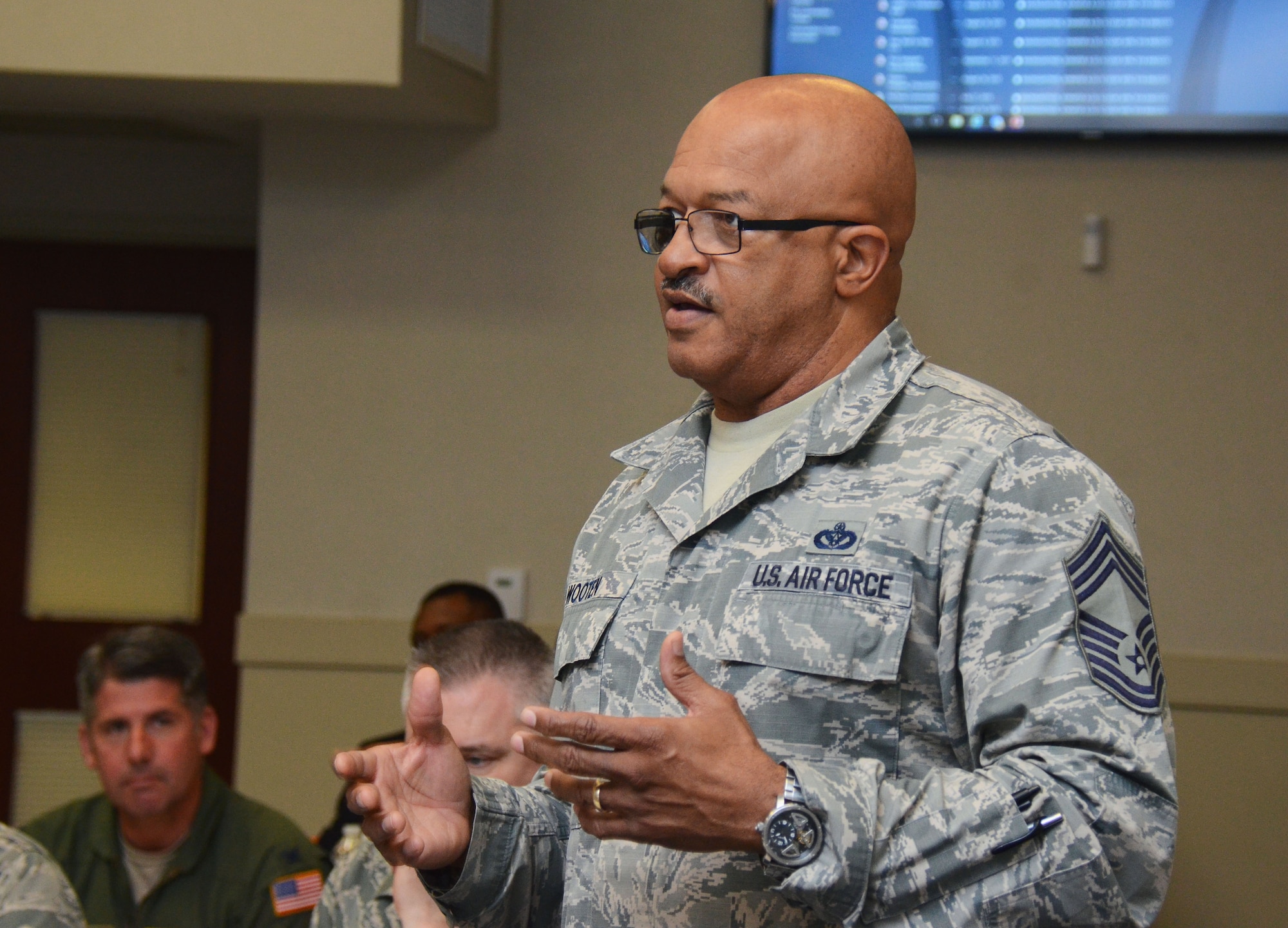 Chief Master Sgt. Timothy Wooten, 622d Civil Engineer Group chief enlisted manager, speaks during a session of the 22nd Air Force Senior Leader Summit March 14, 2018 at Dobbins Air Reserve Base, Ga.