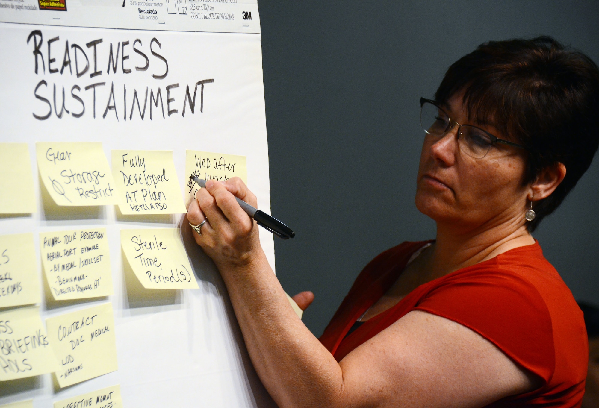 Gia Wilson-Mackey, 934 Airlift Wing process manager, takes notes during a facilitated discussion at the 22nd Air Force Senior Leader Summit March 14, 2018 at Dobbins Air Reserve Base, Georgia.