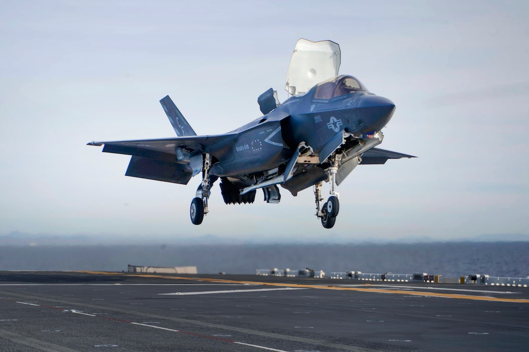 An F-35B Lightning II aircraft prepares to land.