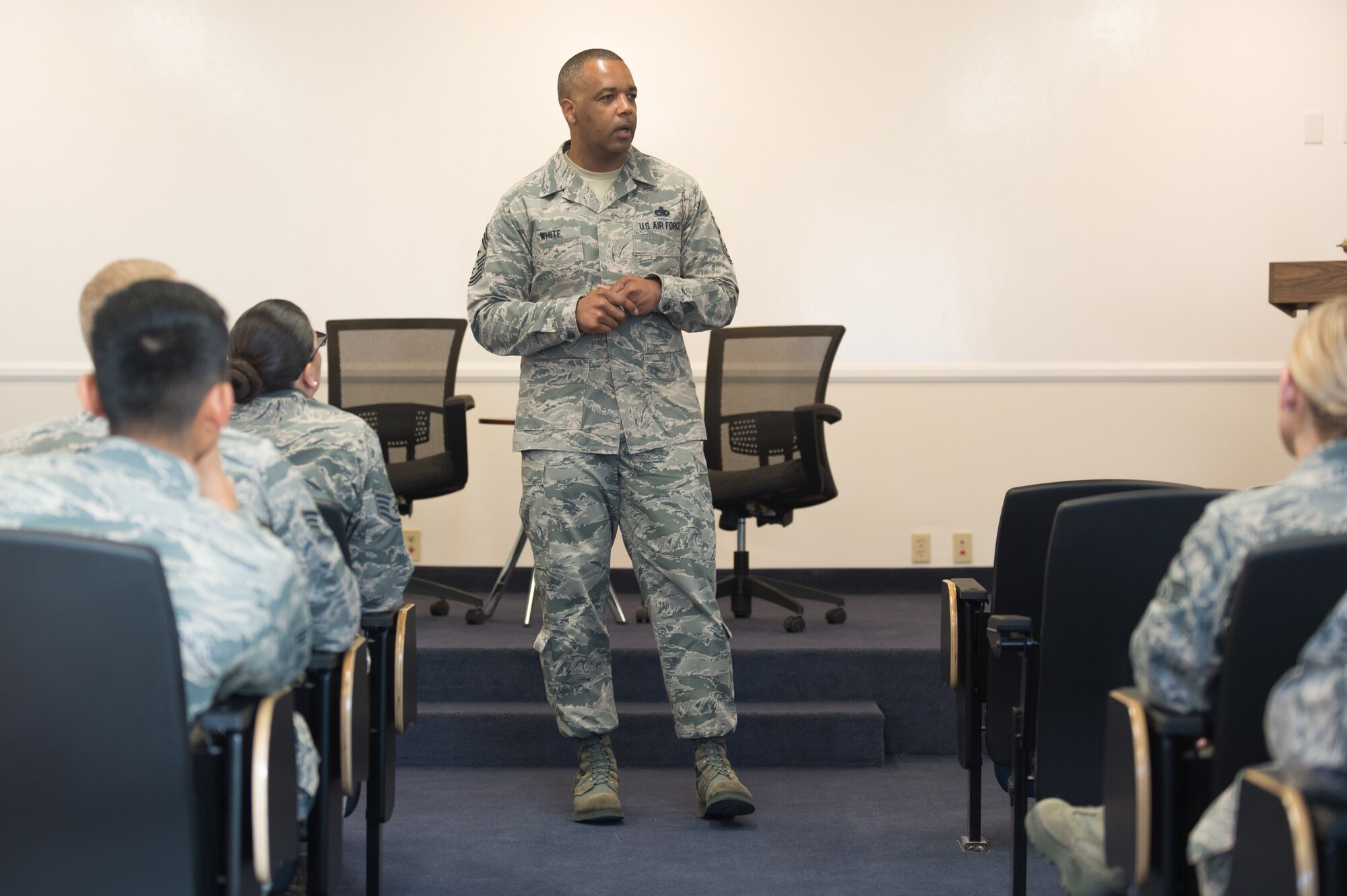Chief Master Sgt. Timothy White, 4th Air Force Reserve Command command chief out of March Air Reserve Base, California, speaks to students at Edwards AFB's Airman Leadership School March. 9. (U.S. Air Force photo by Kyle Larson)