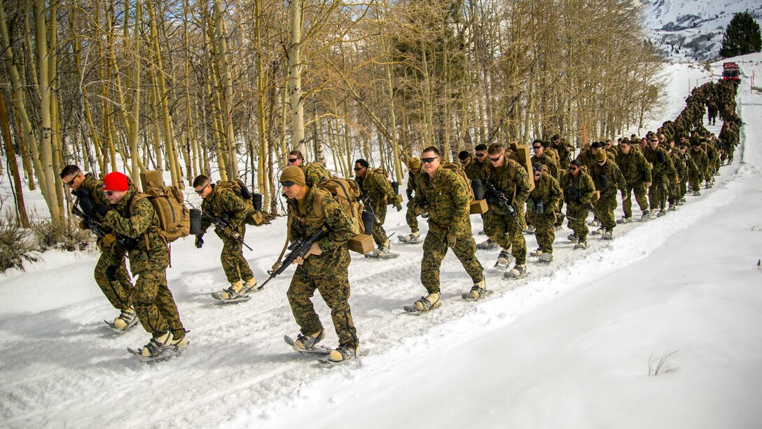 A long line of Marines and sailors use snowshoes to hike in the snow.