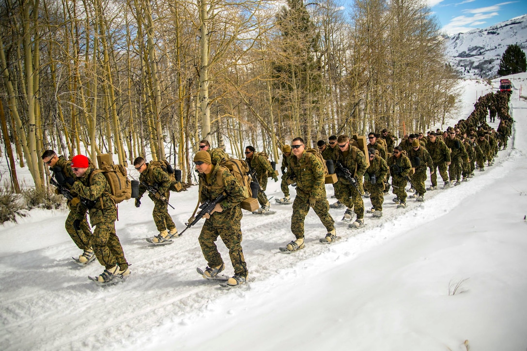 A long line of Marines and sailors use snowshoes to hike in the snow.