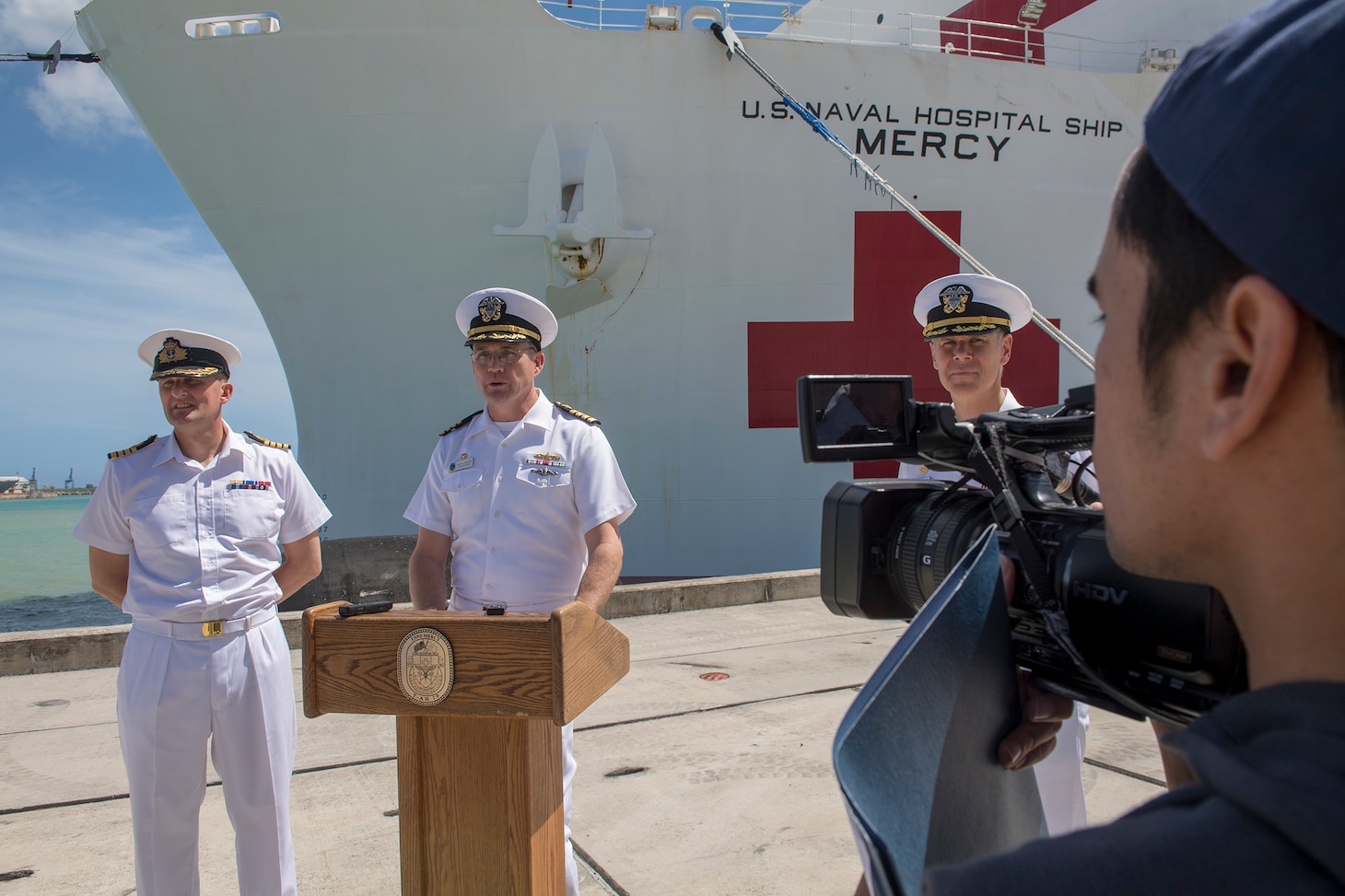 NAVAL BASE GUAM (March 17, 2018) Capt. David Bretz, Mission Commander of Pacific Partnership 2018 (PP18), makes a statement during a press conference following the arrival of Military Sealift Command hospital ship USNS Mercy (T-AH 19) to Naval Base Guam in support of PP18. PP18's mission is to work collectively with host and partner nations to enhance regional interoperability and disaster response capabilities, increase stability and security in the region, and foster new and enduring friendships across the Indo-Pacific Region.