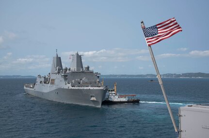 180319-N-YG104-0021 OKINAWA, Japan (March 19, 2018) The amphibious transport dock USS Green Bay (LPD 20) departs the harbor at White Beach Naval Facility after embarking the 31st Marine Expeditionary Unit. Green Bay, part of the Wasp Expeditionary Strike Group, is operating in the Indo-Pacific region as part of a regularly scheduled patrol and provides a rapid-response capability in the event of a regional contingency or natural disaster. (U.S. Navy photo by Mass Communication Specialist 2nd Class Sarah Villegas/ Released)