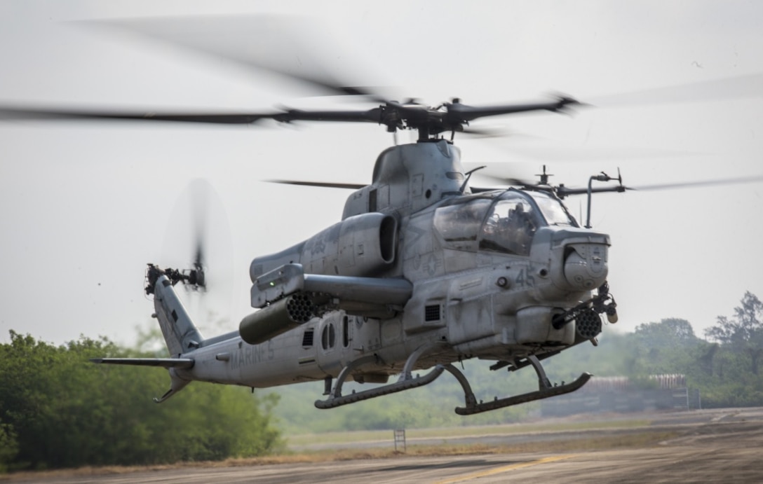 An AH-1Z Viper prepares to land at U-Tapao International Airport, Kingdom of Thailand, Feb. 10, 2018. The Marines of Marine Light Attack Helicopter Squadron 369 ‘Gunfighters’ arrive to the Kingdom of Thailand to participate in Cobra Gold, one of the largest theater security cooperation exercises in the Indo-Asia-Pacific region. HMLA-369, Marine Aircraft Group 39, 3rd Marine Aircraft Wing, is currently forward deployed under the unit deployment program with MAG-36, 1st MAW. Exercise Cobra Gold 2018 is an annual exercise conducted in the Kingdom of Thailand held from Feb. 13-23 with seven full participating nations. (U.S. Marine Corps photo by Cpl. Andy Martinez)