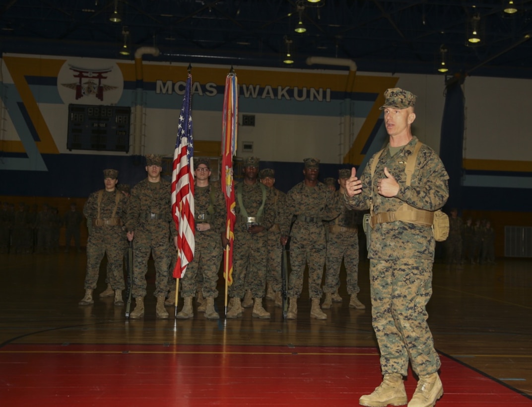 U.S. Marine Corps Sgt. Maj. Michael Johnson, sergeant major for Marine Aircraft Group (MAG) 12, delivers a speech upon appointment to his new command at Marine Corps Air Station Iwakuni, Japan, March 8, 2018.