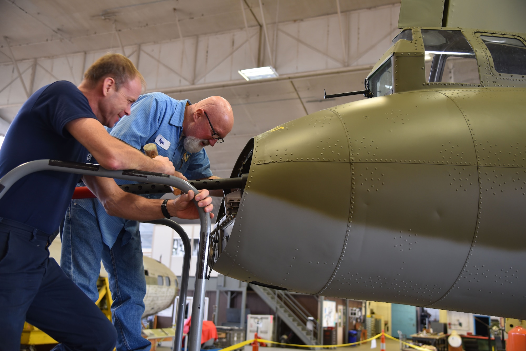 (01/30/2018) -- National Museum of the U.S. Air Force restoration crews installing tail guns on the Boeing B-17F Memphis Belle. Plans call for the aircraft to be placed on permanent public display in the WWII Gallery here at the National Museum of the U.S. Air Force on May 17, 2018. (U.S. Air Force photo by Ken LaRock)