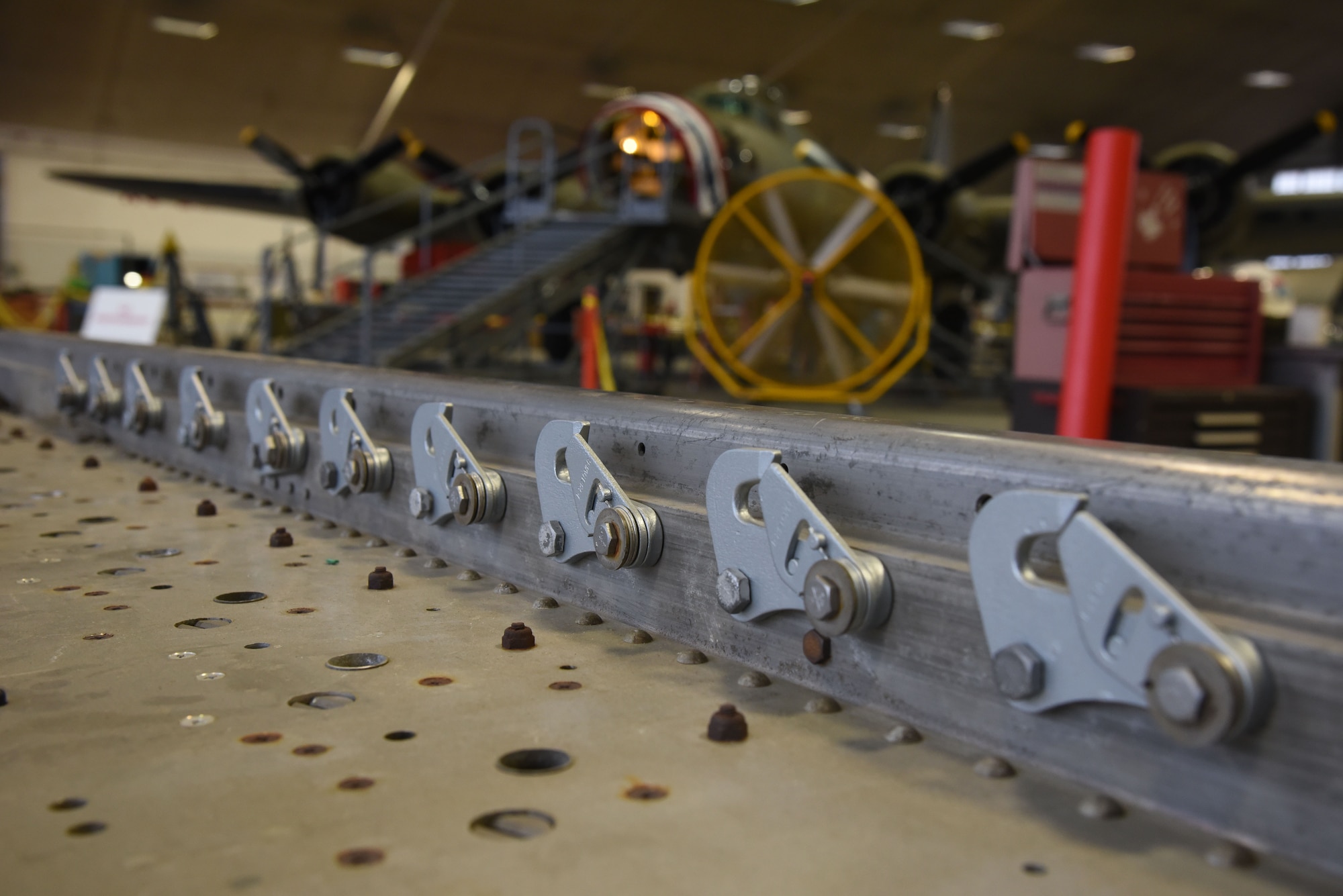 (02/22/2018) -- A view of a bomb rack for the Boeing B-17F Memphis Belle. Plans call for the aircraft to be placed on permanent public display in the WWII Gallery here at the National Museum of the U.S. Air Force on May 17, 2018. (U.S. Air Force photo by Ken LaRock)