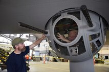 (02/22/2018) -- Museum restoration specialists Chad Vanhook and Roger Brigner work on ball turret components for the Boeing B-17F Memphis Belle. Plans call for the aircraft to be placed on permanent public display in the WWII Gallery here at the National Museum of the U.S. Air Force on May 17, 2018. (U.S. Air Force photo by Ken LaRock)