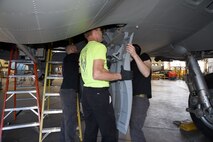 (03/06/2018) -- Museum restoration crews attach bomb bay doors of the Boeing B-17F Memphis Belle. Plans call for the aircraft to be placed on permanent public display in the WWII Gallery here at the National Museum of the U.S. Air Force on May 17, 2018. (U.S. Air Force photo by Ken LaRock)