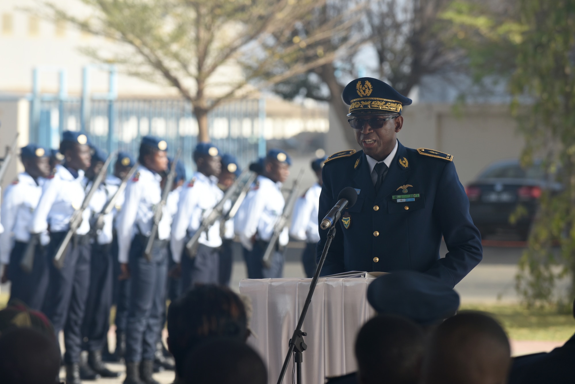 Senegalese Brig. Gen. Joseph Diop, Senegal air force Chief of Staff, speaks during the opening ceremony of African Partnership Flight Senegal at Captain Andalla Cissé Air Base, Senegal, March 19, 2018. The purpose of APF Senegal is to conduct multilateral, military-to-military engagements and security assistance with African air forces. (U.S. Air Force photo by Airman 1st Class Eli Chevalier)