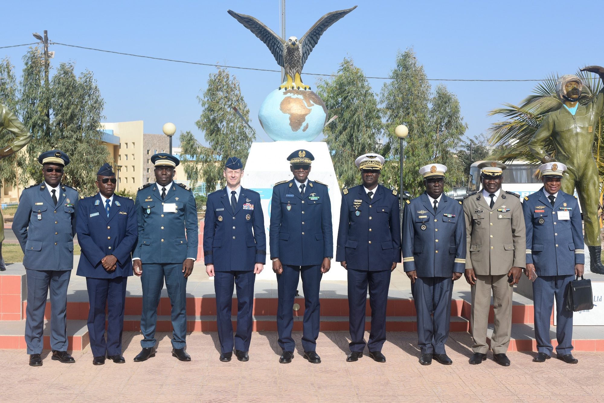 Distinguished visitors from participating African countries pose for a photo after the opening ceremony of African Partnership Flight Senegal at Captain Andalla Cissé Air Base, Senegal, March 19, 2018.  The purpose of APF Senegal is to conduct multilateral, military-to-military engagements and security assistance with African air forces. (U.S. Air Force photo by Airman 1st Class Eli Chevalier)