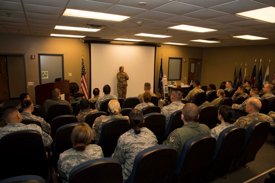 Col. Jennifer Short, 23d Wing commander, speaks to Airmen during the Flight Leader course, March 14, 2018, at Moody Air Force Base, Ga. The course targeted Airmen in the ranks of technical and master sergeant, first and second lieutenant, captain, and civilian employees in leadership positions to cultivate current and future leaders. (U.S. Air Force photo by Staff Sgt. Eric Summers Jr.)
