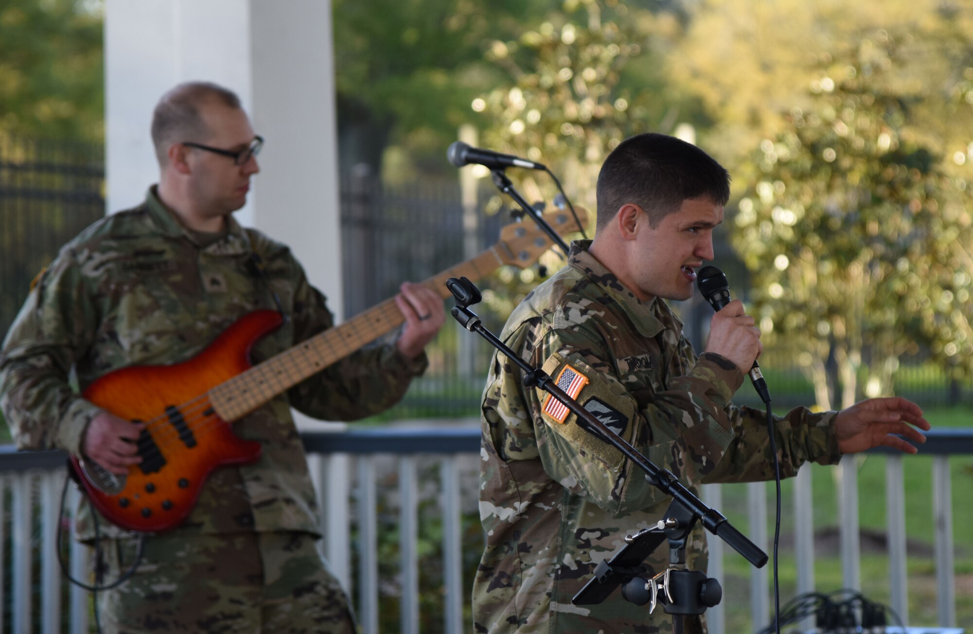 U.S. Army Sergeants Brandon Tingstrom (right) and Joseph Barrett, U.S. Army 41st Army Band members and musical ambassadors, Mississippi Air National Guard, Jackson, Mississippi, perform at the Biloxi Lighthouse Park Pavilion March 13, 2018, in Biloxi, Mississippi. The band has been providing musical support and entertainment for over 50 years. They also performed at the White House Hotel, in Biloxi, Mississippi, and at the Vandenberg Commons on Keesler Air Force Base, Mississippi. (U.S. Air Force photo by Kemberly Groue)