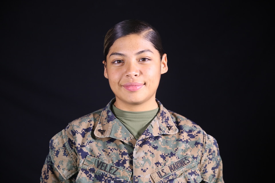 LCpl. Genesis Velez was a platoon commander for her high school's ROTC program and was announced in third phase of boot camp the “Molly Marine” among all the other females in her platoon. (U.S. Marine Corps photo by Lance Cpl. Jeremiah Naranjo)