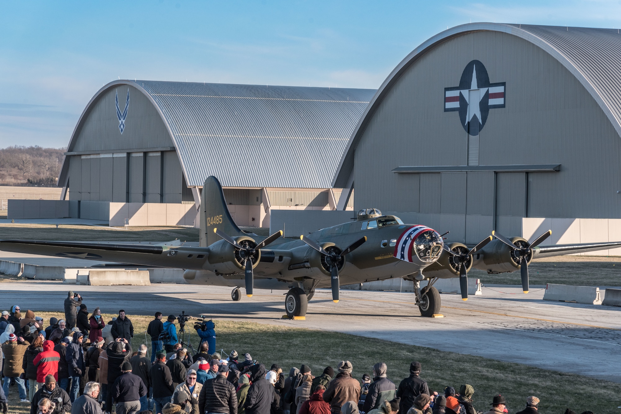 (03/14/2018) -- The B-17F Memphis Belle poses for photos before moving into the WWII Gallery at the National Museum of the United States Air Force on March 14, 2018. Plans call for the aircraft to be placed on permanent public display in the WWII Gallery here at the National Museum of the U.S. Air Force on May 17, 2018. (U.S. Air Force photo by Kevin Lush)