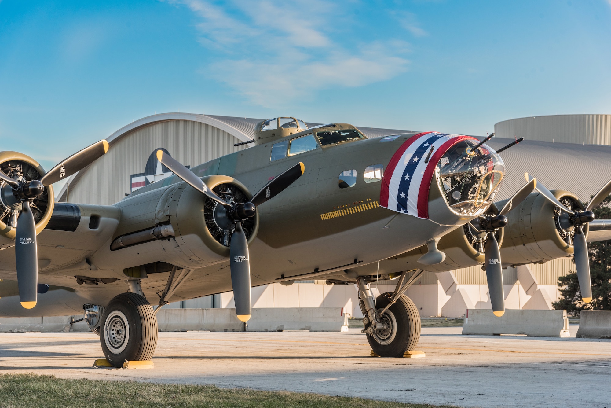 (03/14/2018) -- The B-17F Memphis Belle poses for photos before moving into the WWII Gallery at the National Museum of the United States Air Force on March 14, 2018. Plans call for the aircraft to be placed on permanent public display in the WWII Gallery here at the National Museum of the U.S. Air Force on May 17, 2018. (U.S. Air Force photo by Kevin Lush)