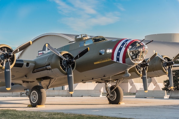 (03/14/2018) -- The B-17F Memphis Belle poses for photos before moving into the WWII Gallery at the National Museum of the United States Air Force on March 14, 2018. Plans call for the aircraft to be placed on permanent public display in the WWII Gallery here at the National Museum of the U.S. Air Force on May 17, 2018. (U.S. Air Force photo by Kevin Lush)