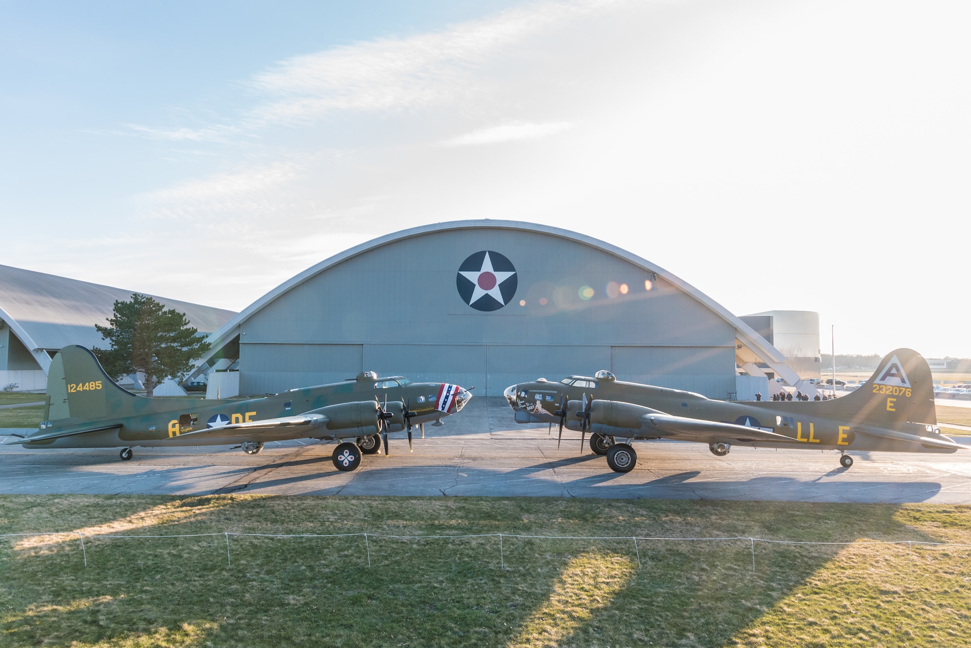 (03/14/2018) -- The B-17F Memphis Belle, left, poses for photos along with the B-17G Shoo Shoo Baby at the National Museum of the United States Air Force on March 14, 2018. Plans call for the Memphis Belle aircraft to be placed on permanent public display in the WWII Gallery here at the National Museum of the U.S. Air Force on May 17, 2018. (U.S. Air Force photo by Kevin Lush)(03/14/2018) -- The B-17F Memphis Belle poses for photos before moving into the WWII Gallery at the National Museum of the United States Air Force on March 14, 2018. Plans call for the aircraft to be placed on permanent public display in the WWII Gallery here at the National Museum of the U.S. Air Force on May 17, 2018. (U.S. Air Force photo by Kevin Lush)