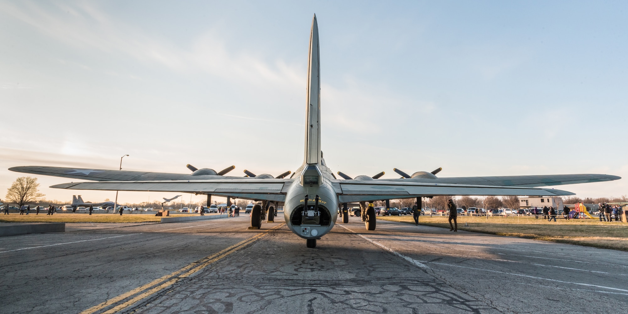 (03/14/2018) -- The B-17F Memphis Belle poses for photos before moving into the WWII Gallery at the National Museum of the United States Air Force on March 14, 2018. Plans call for the aircraft to be placed on permanent public display in the WWII Gallery here at the National Museum of the U.S. Air Force on May 17, 2018. (U.S. Air Force photo by Kevin Lush)