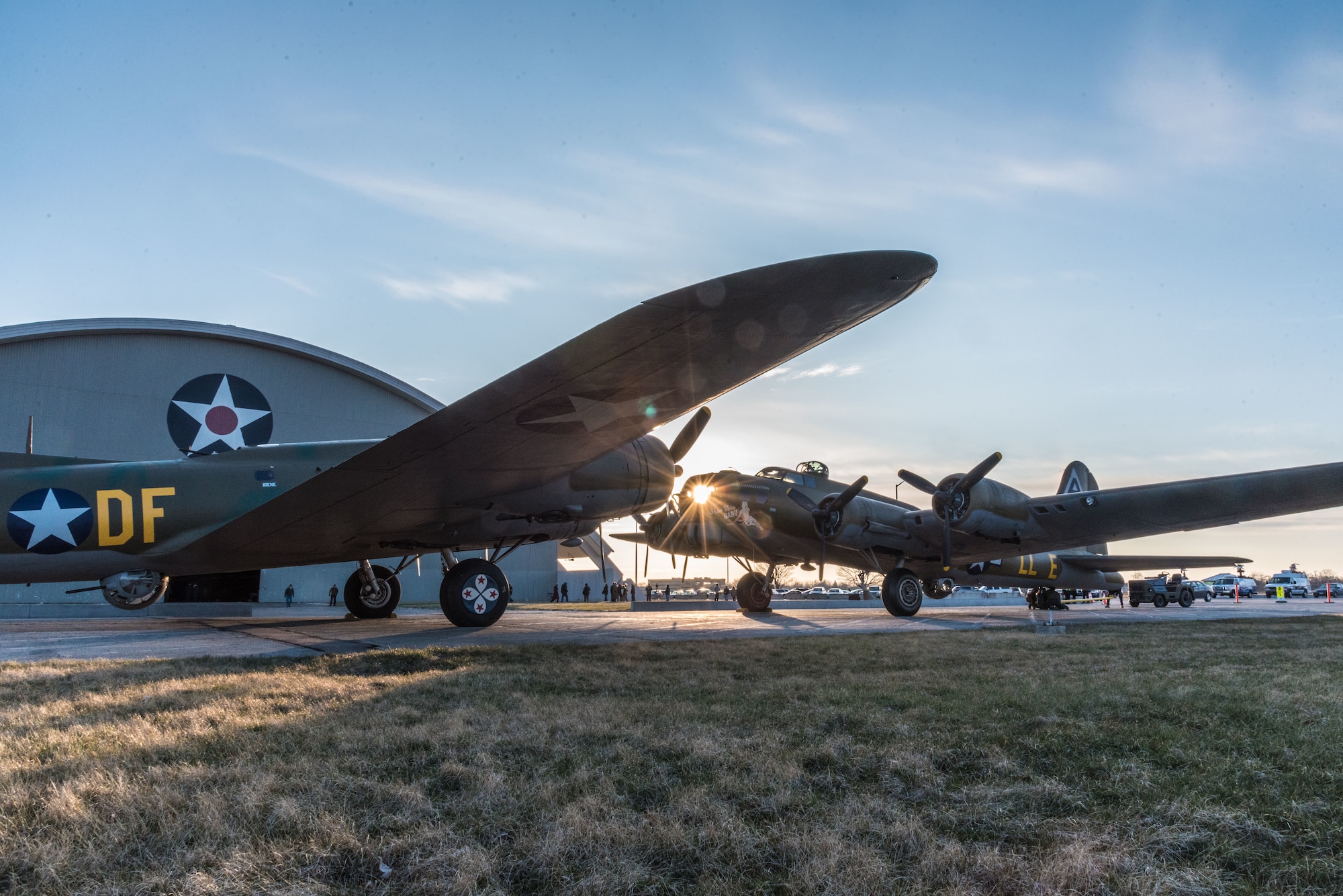 (03/14/2018) -- The B-17F Memphis Belle, left, poses for photos along with the B-17G Shoo Shoo Baby at the National Museum of the United States Air Force on March 14, 2018. Plans call for the aircraft to be placed on permanent public display in the WWII Gallery here at the National Museum of the U.S. Air Force on May 17, 2018. (U.S. Air Force photo by Kevin Lush)