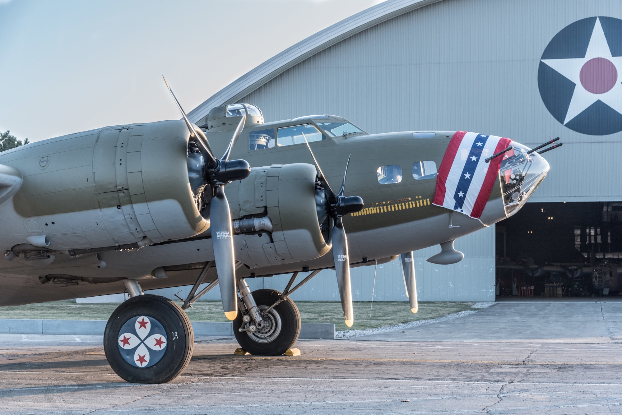 (03/14/2018) -- The B-17F Memphis Belle, left, poses for photos along with the B-17G Shoo Shoo Baby at the National Museum of the United States Air Force on March 14, 2018. Plans call for the aircraft to be placed on permanent public display in the WWII Gallery here at the National Museum of the U.S. Air Force on May 17, 2018. (U.S. Air Force photo by Kevin Lush)