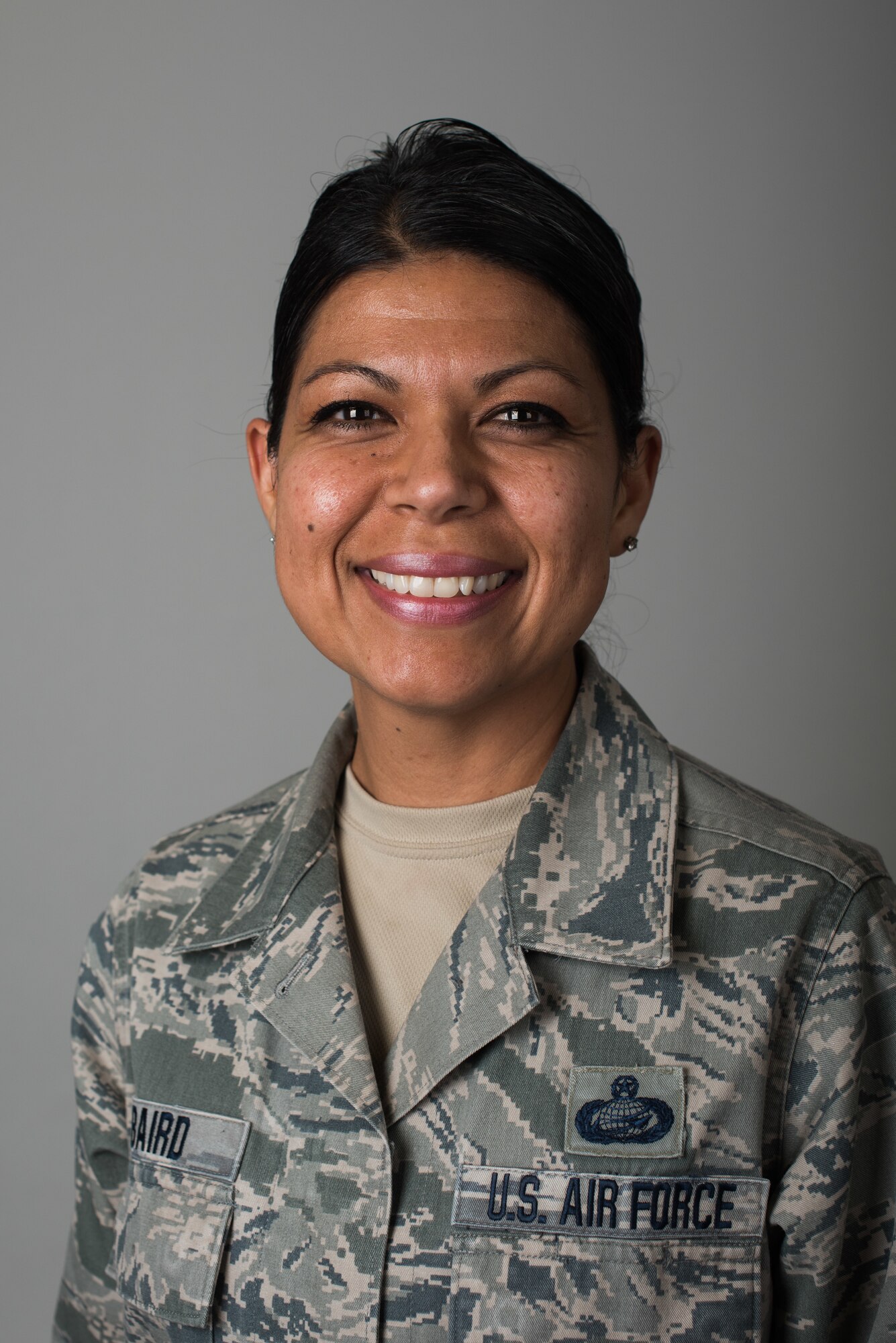 Master Sgt. Lorena Baird, 195th Wing personnel superintendent, poses for a photo at Beale Air Force Base, California, March 3, 2018. The portrait was used in a series that highlighted women for Women's History Month. (U.S. Air Force photo by Senior Airman Justin Parsons)