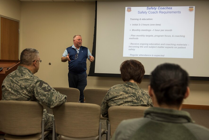 Jeff White, 20th Medical Group patient safety program manager, conducts a safety coach orientation at Shaw Air Force Base, S.C., March 14, 2018.