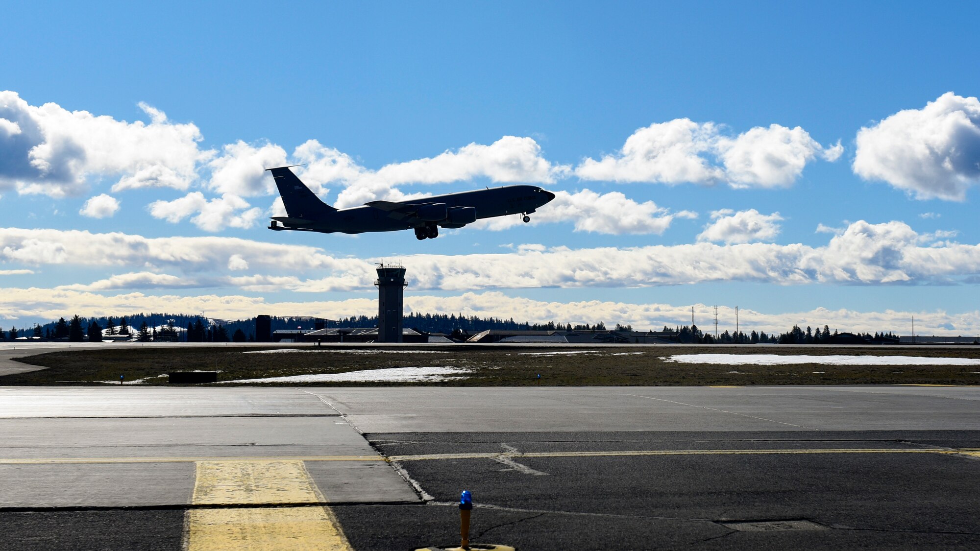 A Team Fairchild KC-135 Stratotanker takes off during exercise Titan Fury at Fairchild Air Force Base, Washington, March 9, 2018. Washington Air National Guard, active duty and reservists all played critical roles during the exercise. (U.S. Air Force photo/ Airman 1st Class Whitney Laine)