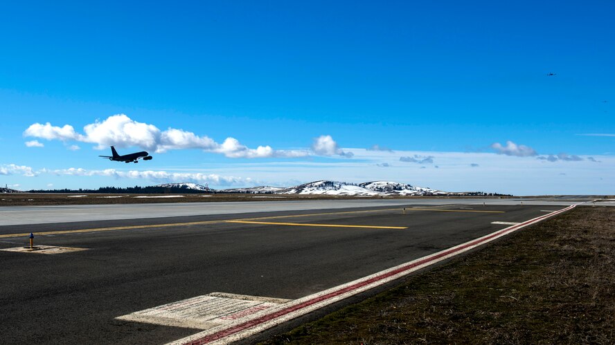 A Team Fairchild KC-135 Stratotanker takes off during exercise Titan Fury at Fairchild Air Force Base, Washington, March 9, 2018. Titan Fury is a readiness exercise used to validate and enhance Fairchild Airmen's ability to provide Rapid Global Mobility as required by U.S. Strategic Command and U.S. Transportation Command. (U.S. Air Force photo/ Airman 1st Class Whitney Laine)