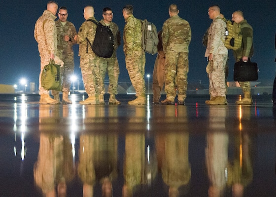 Marine Gen. Joe Dunford, chairman of the Joint Chiefs of Staff, meets with leadership of U.S. Forces - Afghanistan an the 455th Air Expeditionary Wing after arriving at Bagram Air Field, March 19, 2018. DoD Photo by Navy Petty Officer 1st Class Dominique A. Pineiro