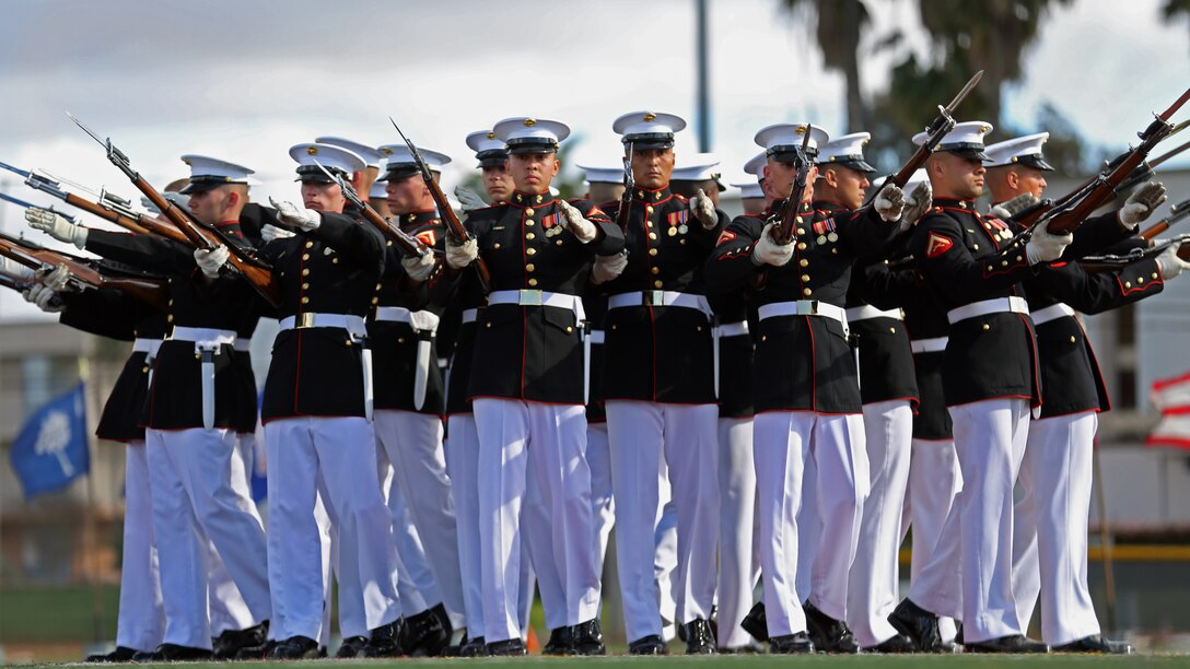 The Battle Color Detachment performed during a ceremony at Marine Corps Air Station Miramar, Calif., March 16. The detachment is a ceremonial unit featuring the Silent Drill Platoon, United States Marine Drum and Bugle Corps and Marine Corps Official Color Guard. The Battle Color Detachment is based out of Marine Barracks, Washington D.C., also known as "8th and I." (U.S. Marine Corps photo by Cpl. Jake McClung/Released)