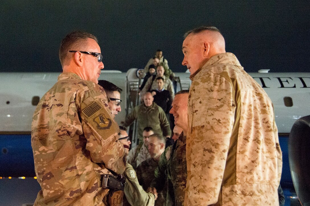 Marine Gen. Joe Dunford, chairman of the Joint Chiefs of Staff, speaks with leaders of U.S. Forces-Afghanistan.