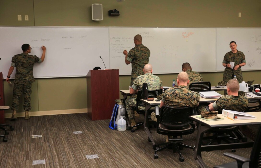 Marines and sailors attending the Operational Stress Control and Readiness train-the-trainer course practice conducting the teach-back portion of their certification, March 14, 2018, at Marine Corps Support Facility New Orleans. In order to become an OSCAR Trainer, the service members have to prove their ability to be able to teach the course and build an OSCAR team. (U.S. Marine Corps photo by Pfc. Samantha Schwoch/released)